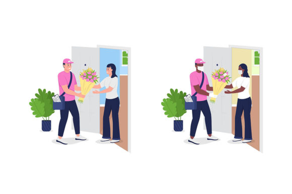 Delivery Man with Flowers and Customer Graphics and Illustrations