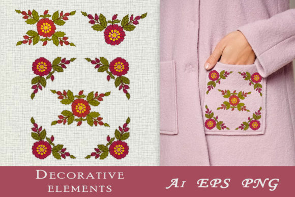 Rosehip Flowers. Stylized Cross Stitch Graphics and Illustrations